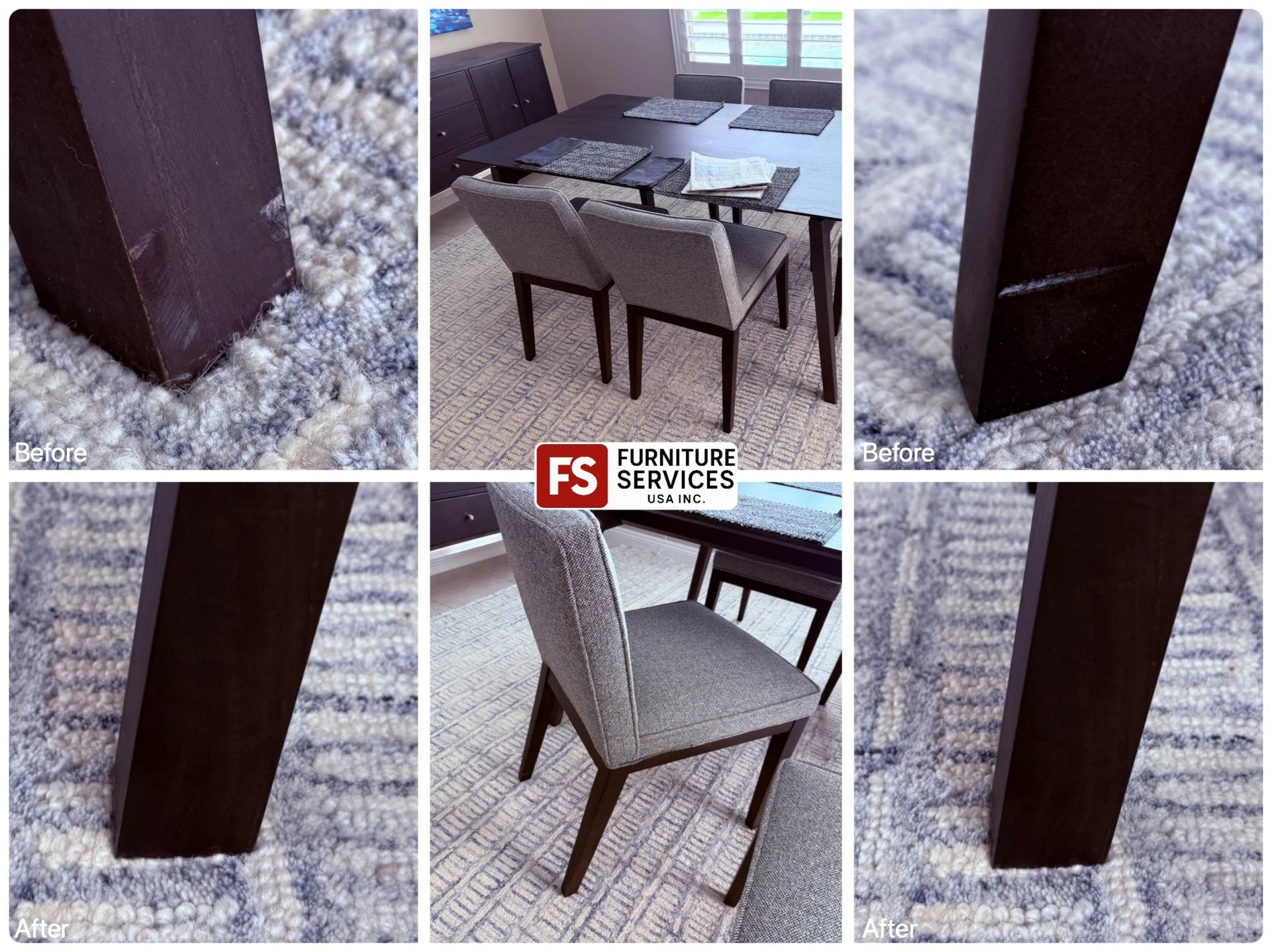 Scraped Chair Legs? Get a perfect, seamless repair! ✨
Dining chairs take a lot of wear, often resulting in unsightly scrapes and chips on the legs. We specialize in precision wood finish repair and color matching, meticulously restoring the legs to t