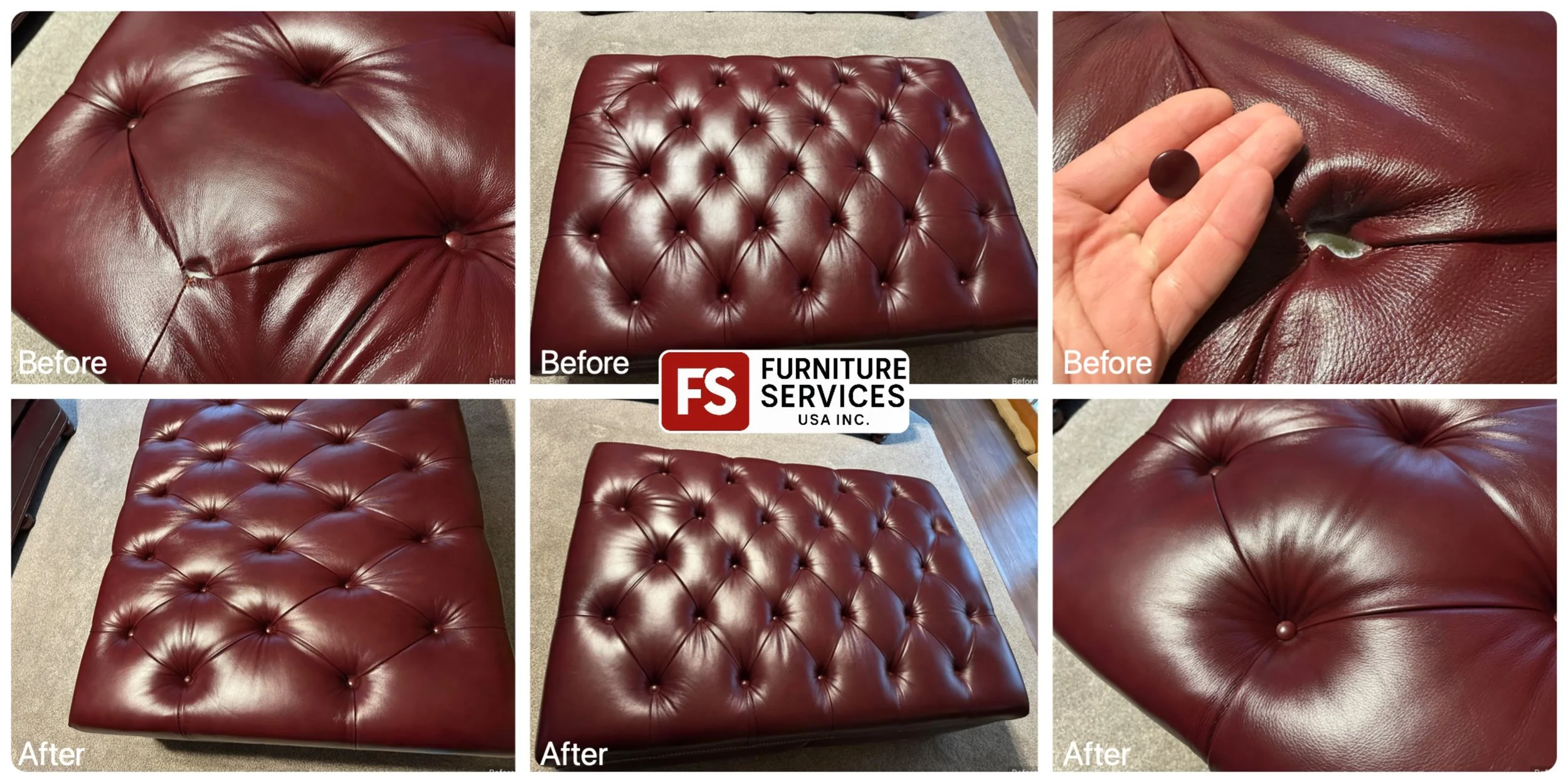 A missing or loose button can ruin the look of a tufted ottoman. We specialize in precise tufted button repair and replacement, ensuring a flawless match and secure, lasting fix for your leather furniture.
Contact us for a quote!