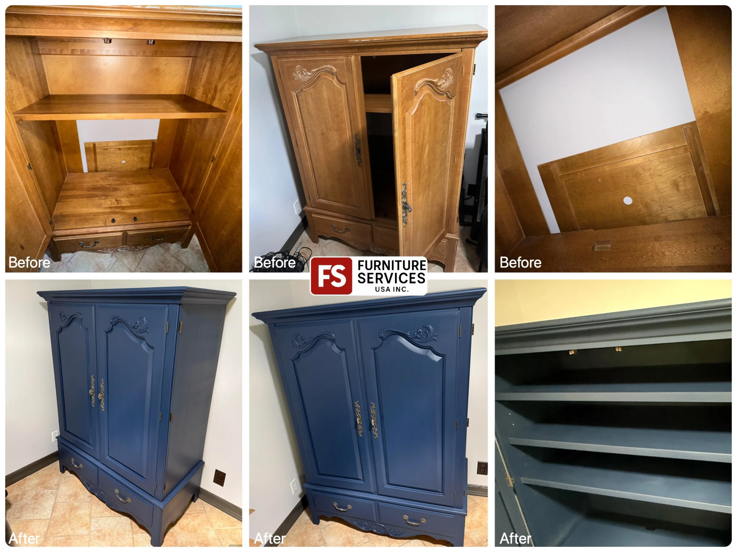 This project involved a full restoration, customized to the client's vision:
1. Structural Repair and meticulous prep work.
2. Custom Paint Finish in the customer's desired color (Hello, gorgeous blue!).
3. Functionality Upgrade:
We added extra shelv