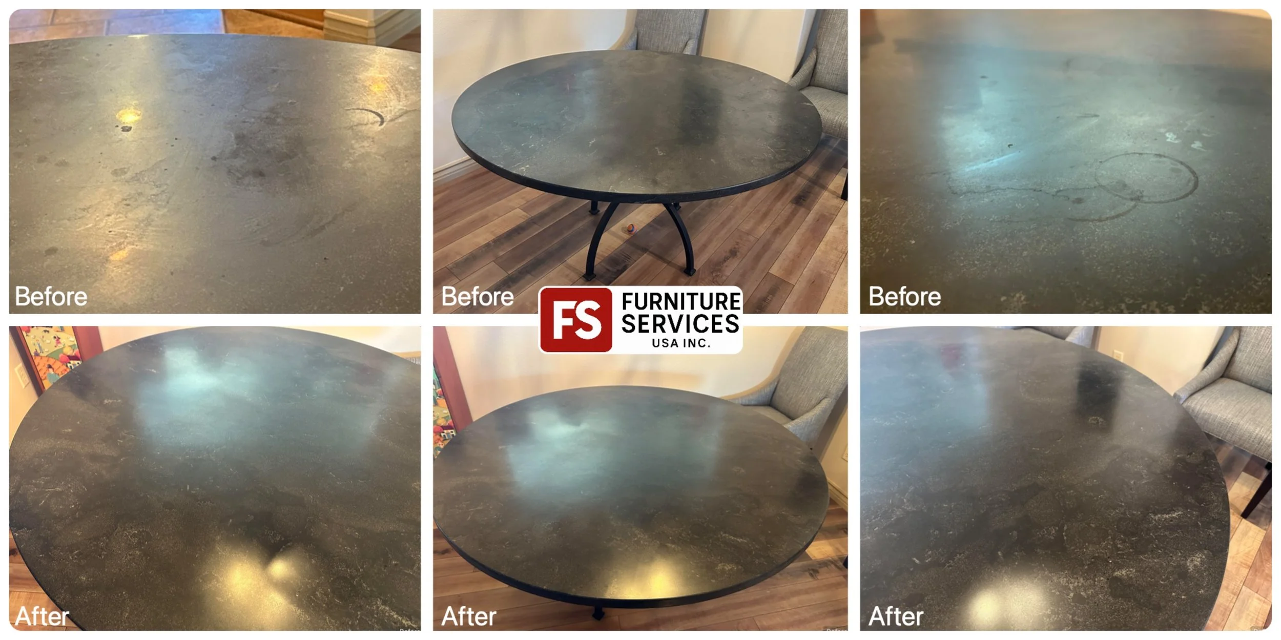 Etching and water rings are no match for us! 💧
Marble, stone, and composite tabletops are vulnerable to acid and moisture damage. We specialize in professionally removing stubborn stains, polishing out etches, and restoring the smooth, original lust