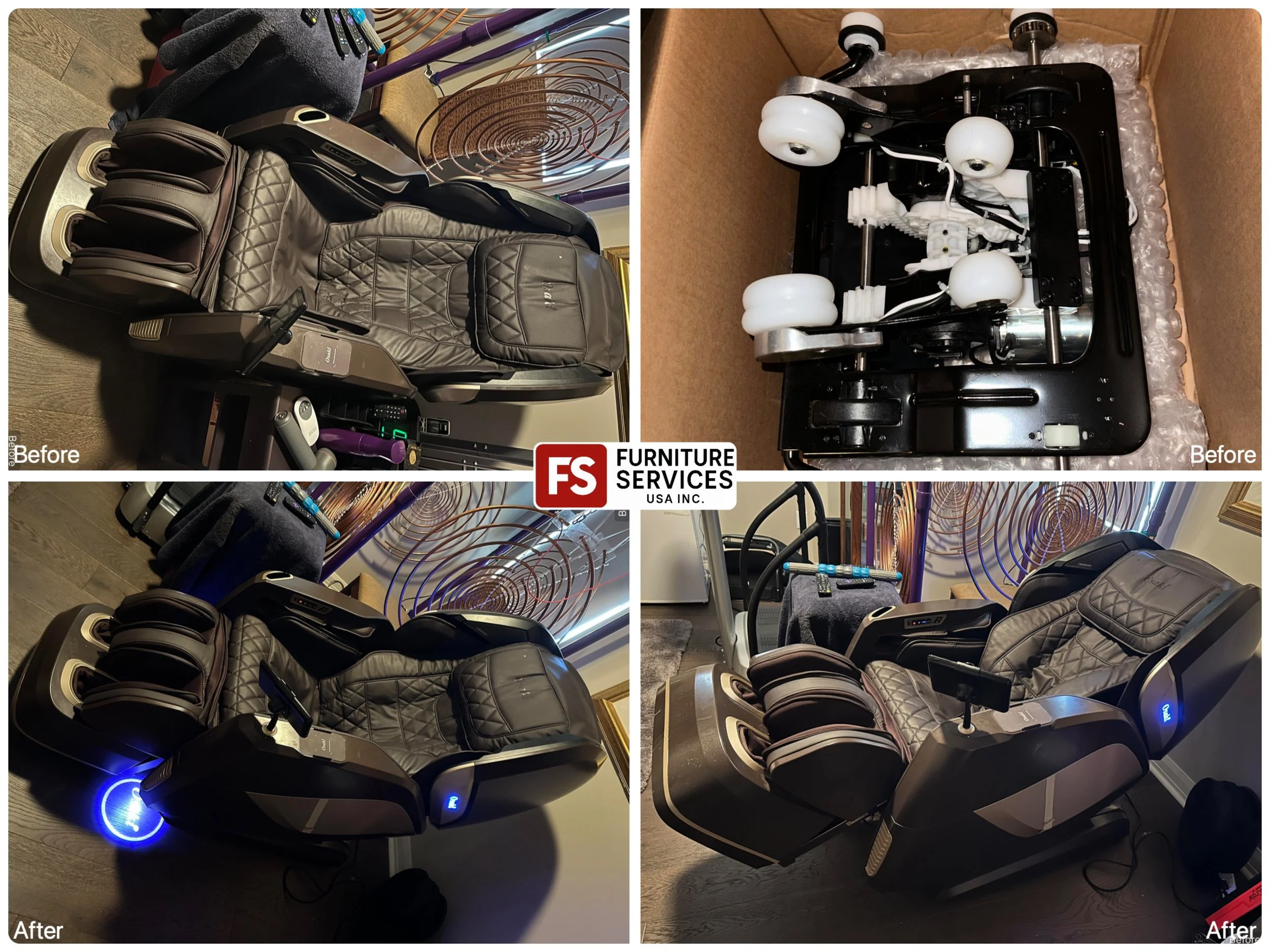Massage Chair Repair & Part Installation! We handle the intricate mechanical and electrical work to ensure your chair gives the perfect massage every time.
From internal mechanisms to control systems, we install all necessary parts.

Got a broken cha