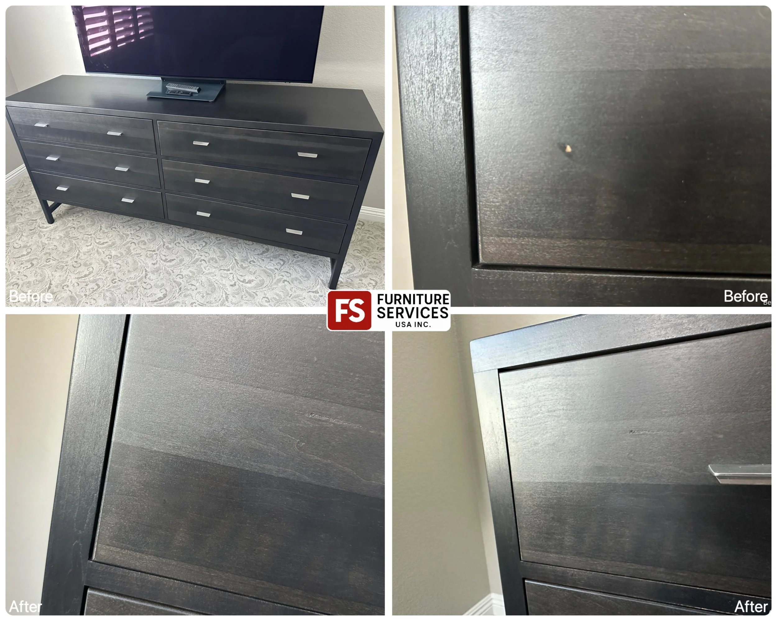 Scratches, chips, and discoloration gone! ✨
We specialize in precision wood furniture repair and touch-up, meticulously addressing chips, scratches, and wear. Our expertise includes exact color matching to seamlessly blend the repair with your furnit