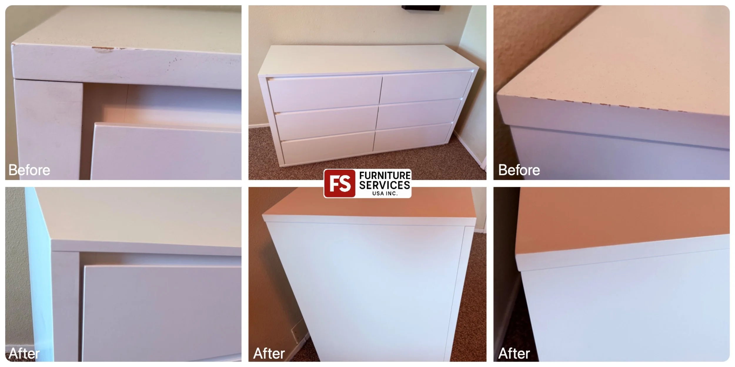 White Dresser Scrapes & Chips: Fixed! ✅
We expertly repair and touch up damage on painted furniture, restoring a smooth, uniform, and pristine white finish.
Perfection restored.