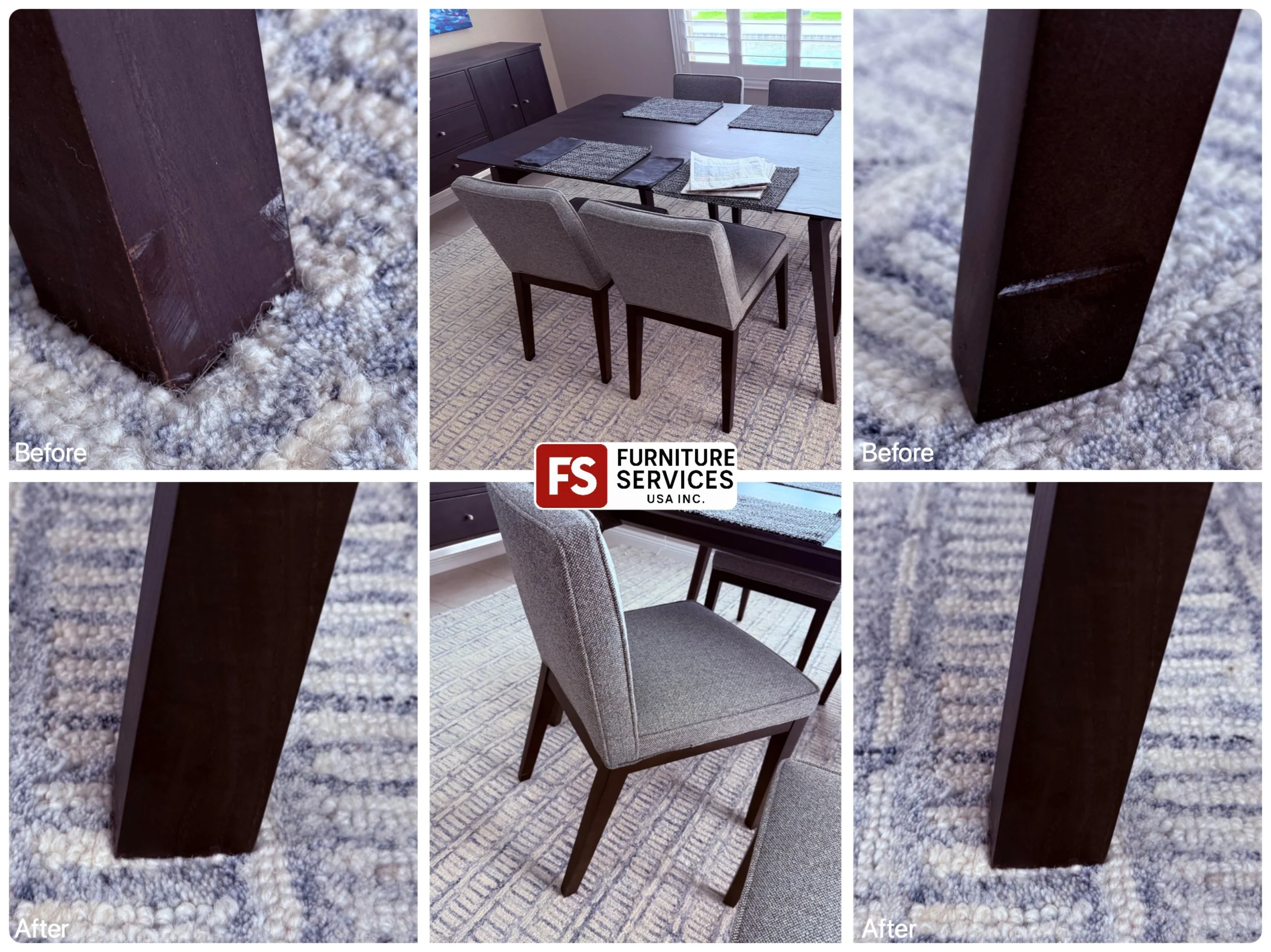 Scraped Chair Legs? Get a perfect, seamless repair! ✨
Dining chairs take a lot of wear, often resulting in unsightly scrapes and chips on the legs. We specialize in precision wood finish repair and color matching, meticulously restoring the legs to t