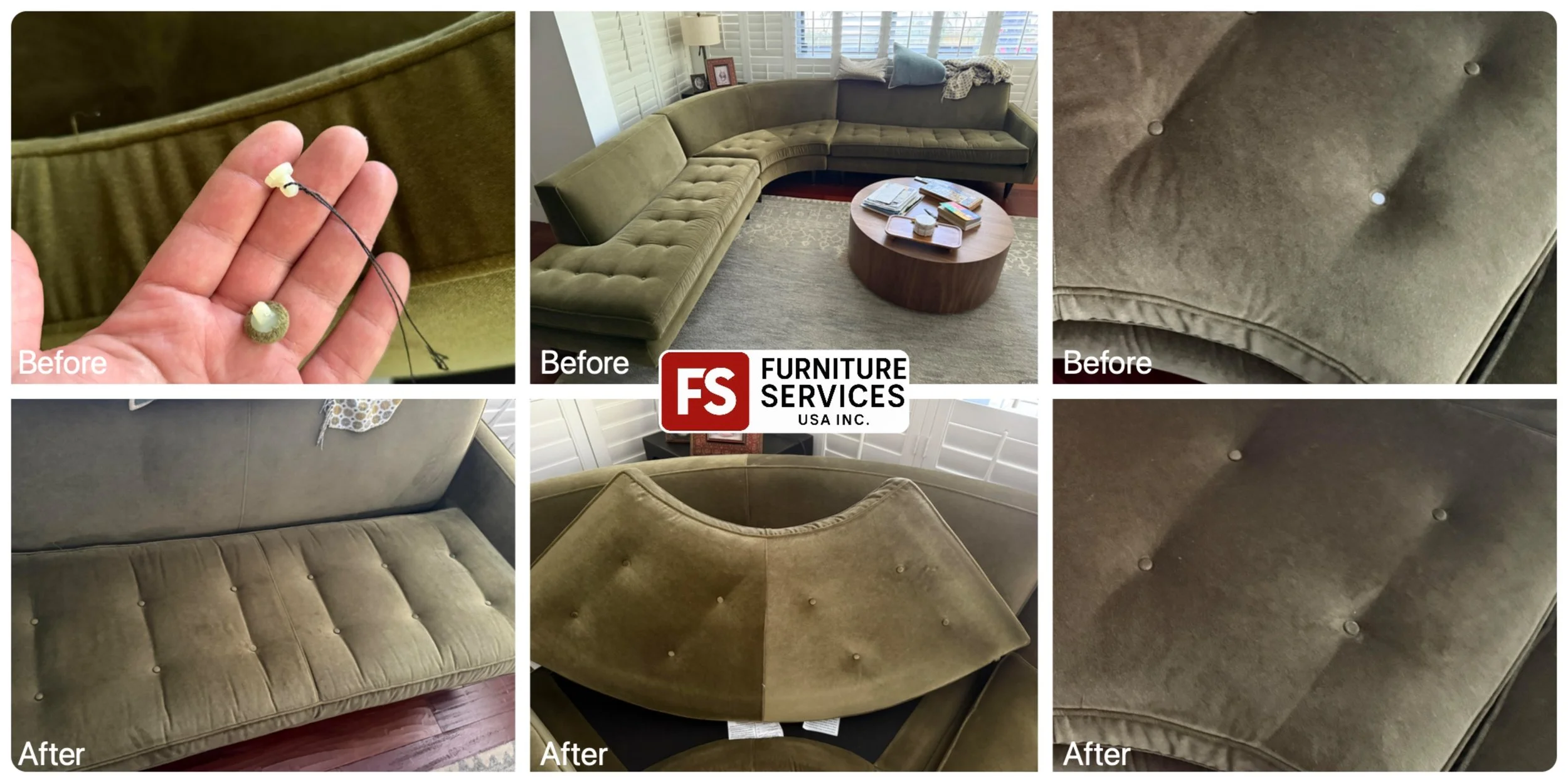 A missing or loose button can ruin the classic look of a tufted sectional. We specialize in precise tufted button repair and replacement, ensuring a flawless match and secure, lasting fix for your furniture.
Contact us for a quote!