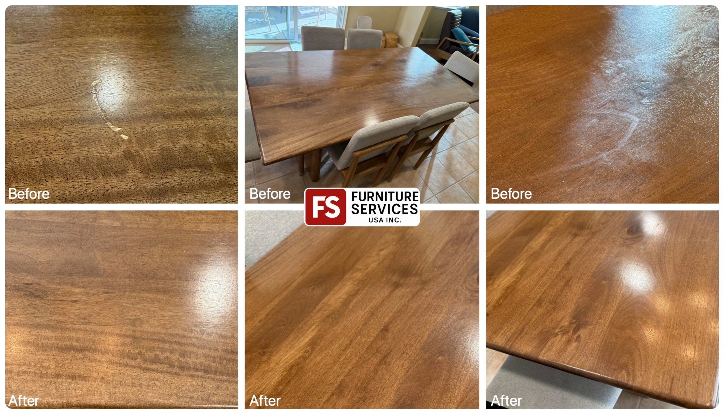 Full Dining Set Rejuvenation! We didn't just fix the rubbed-off finish on the tabletop; we brought back the rich color and protective layer across the entire surface.