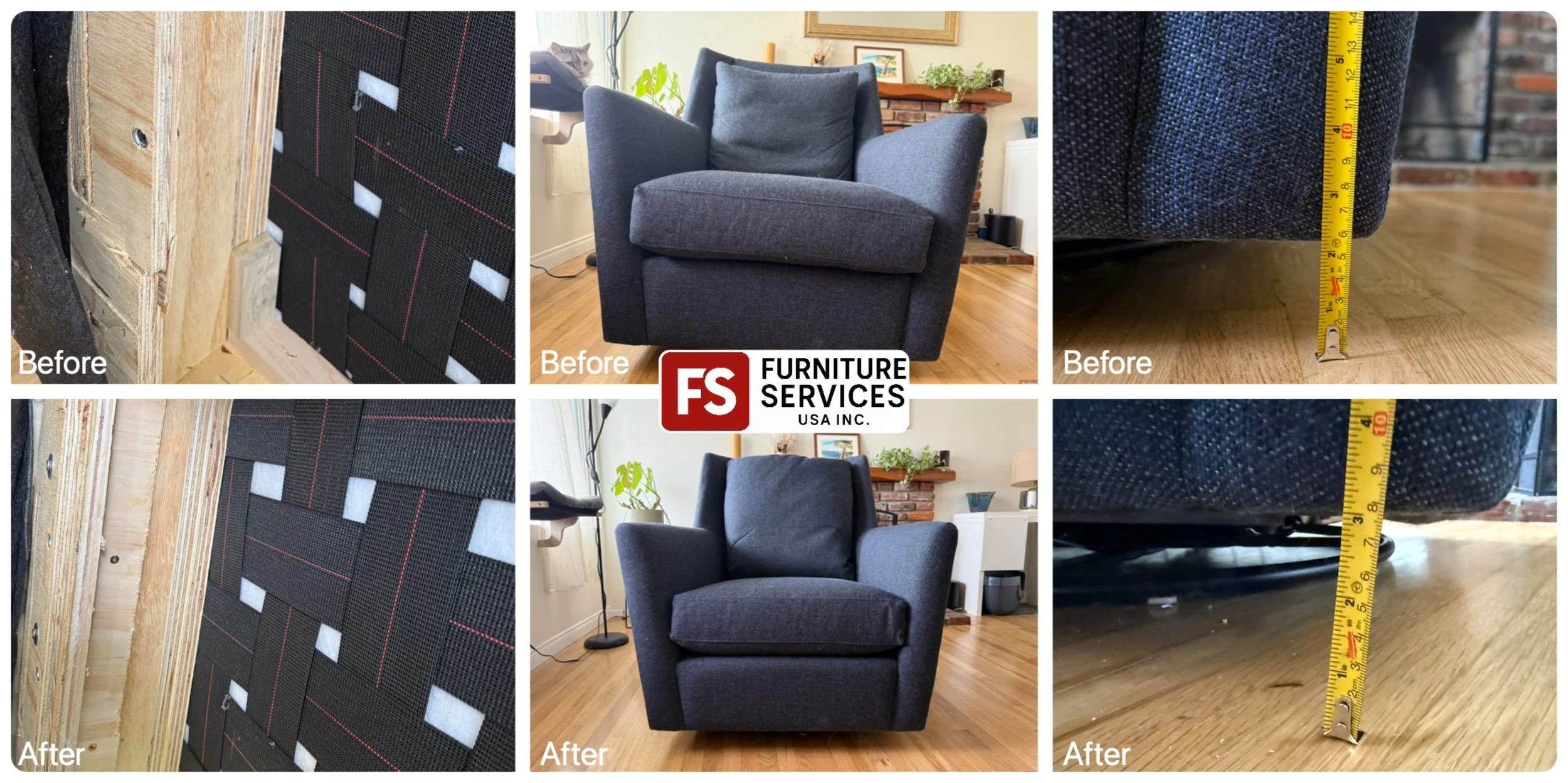 Wooden Frame Repaired & Reinforced! ✅
We fixed the structural damage, making this fabric swivel chair stable and secure again.
Stability and longevity restored!
