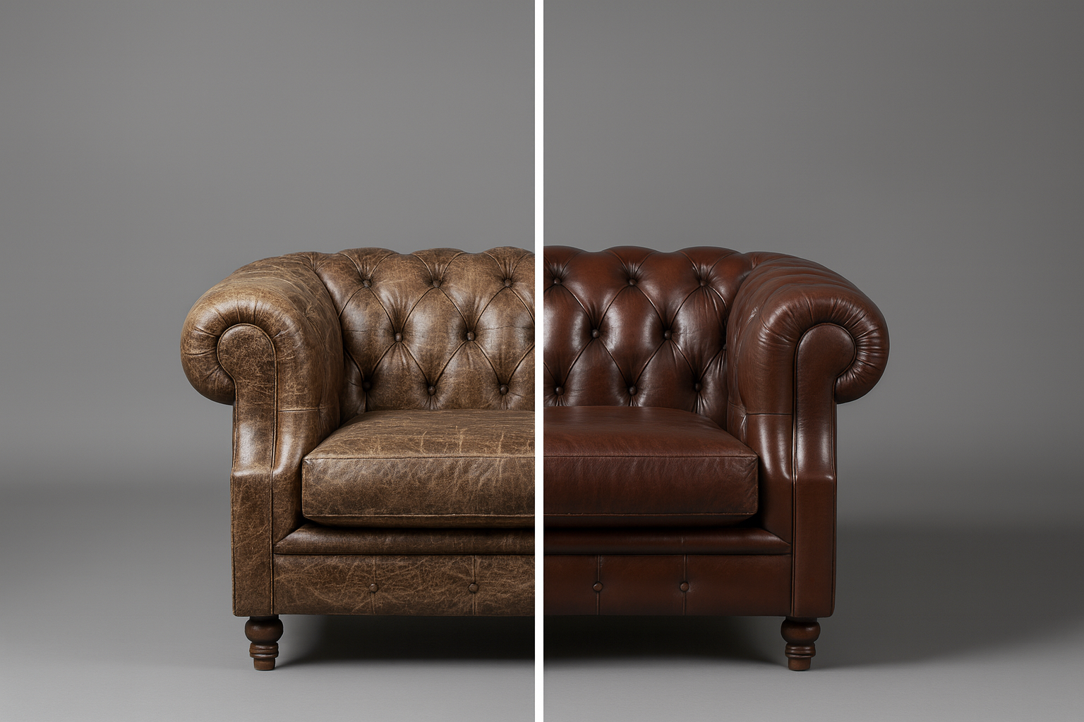 A side-by-side comparison of two leather Chesterfield sofas, one old and worn on the left, and the other new and polished on the right, against a plain gray background.