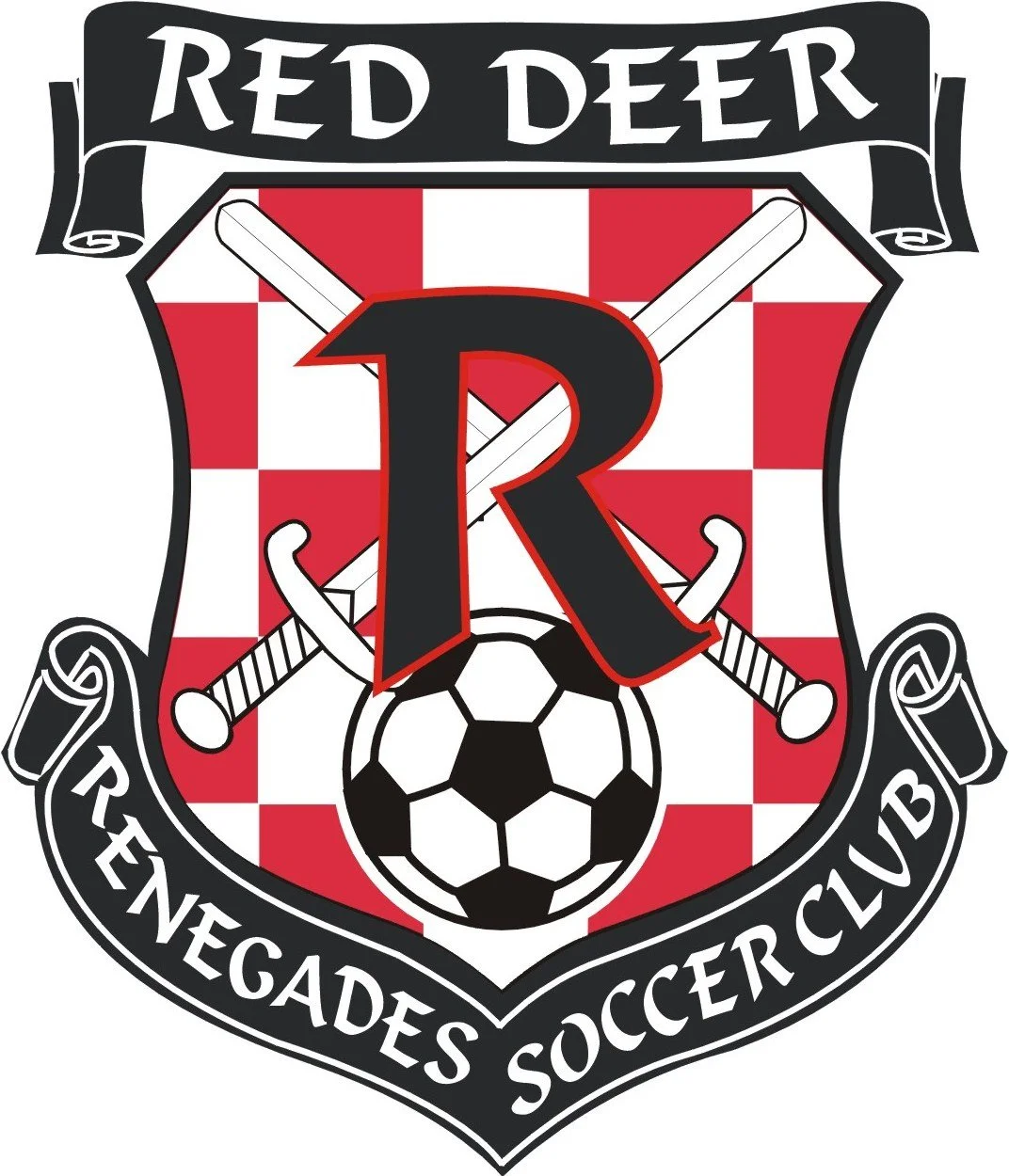 ReneGades Soccer Club emblem featuring a shield with a black and white soccer ball, two crossed baseball bats, a large letter R, red and white checkered background, and text 'Red Deer' at the top and 'ReneGades Soccer Club' at the bottom.