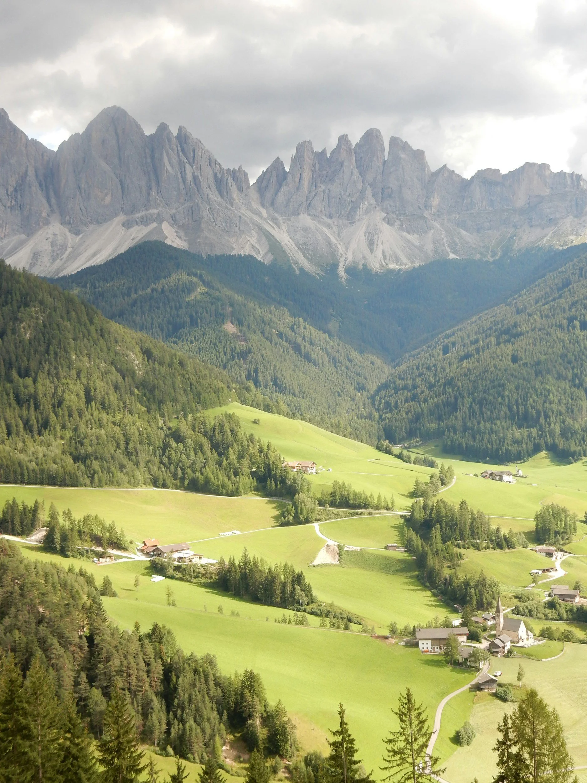 Deep lush green valley with sparse family homes and dense green forest all around