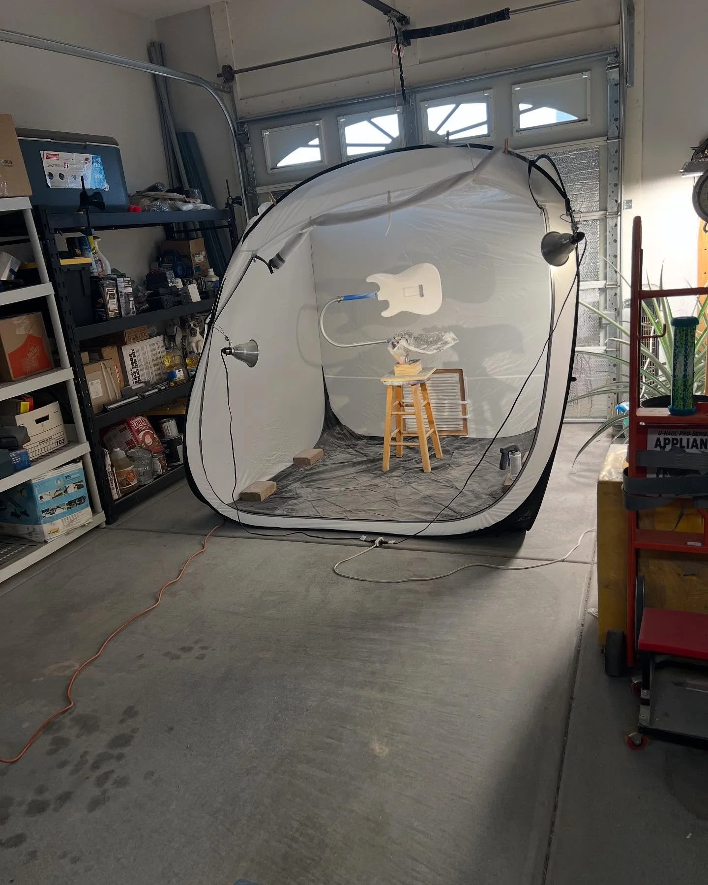 Testing out the new pop up paint booth. If I were shorter than 6&rsquo; it would be perfect but not bad for $65. A little clear and some primer work makes for a nice Sunday in the shop&hellip;
.
.
.
#guitar #bass #customguitar #woodworker #custombuil