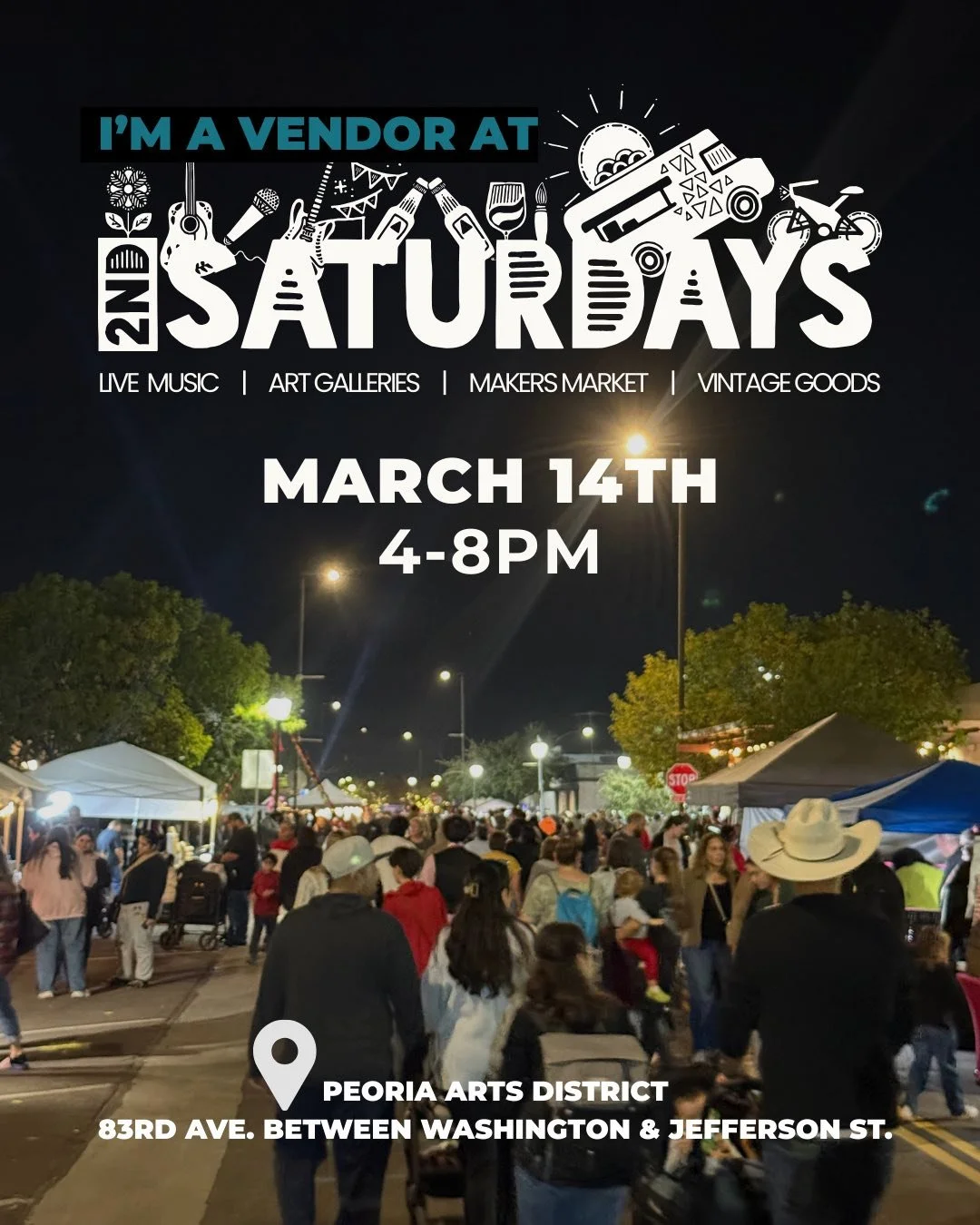Hey all! I will be at Second Saturdays market in Peoria this Saturday the 14th from 4pm to 8pm! Come down, say hi and enjoy an amazing night time outdoor market!