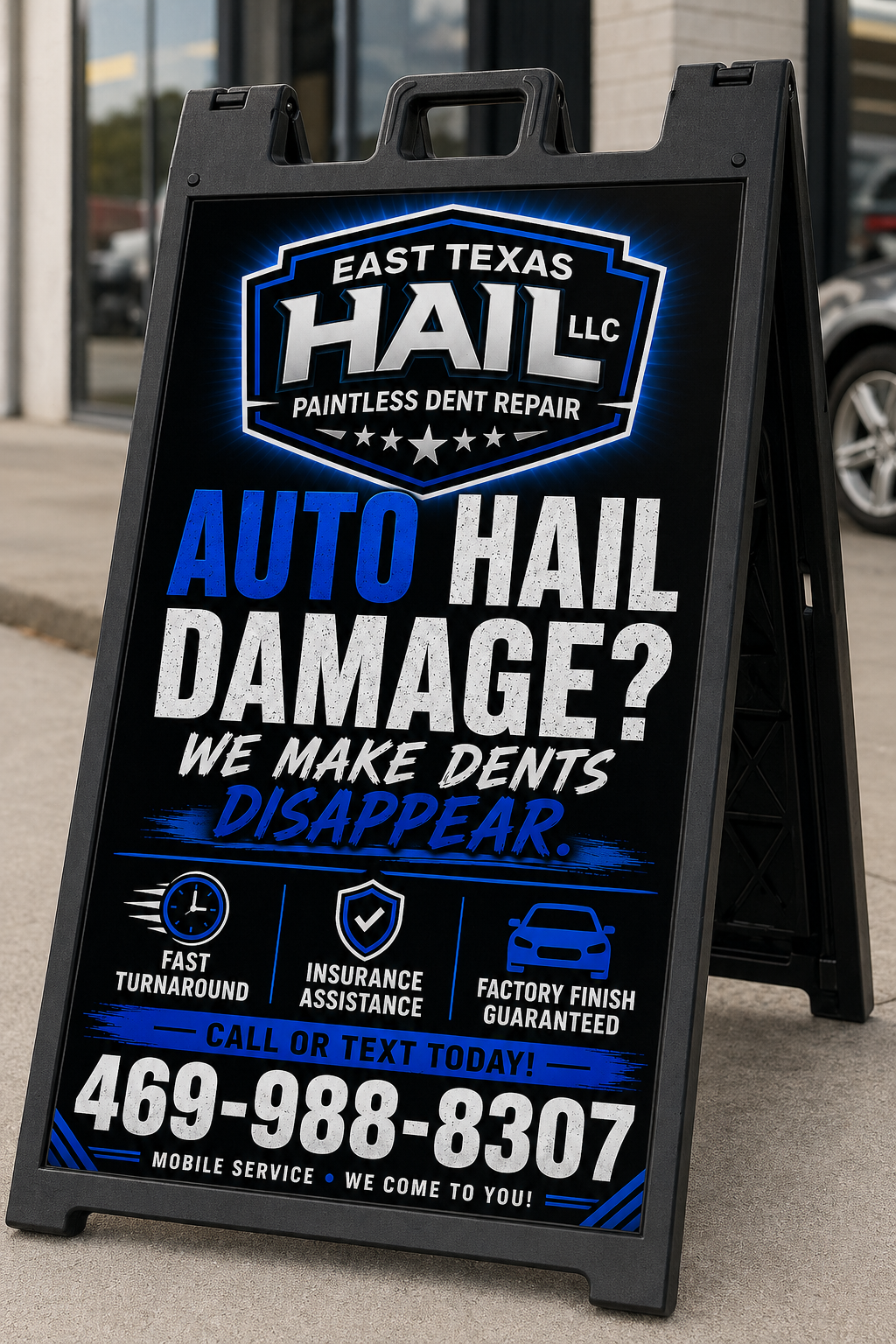 East Texas Hail LLC roadside sign offering free hail damage estimates and paintless dent repair in Kaufman, TX.