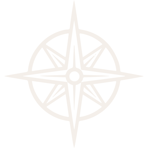 A white compass rose symbol on a black background.