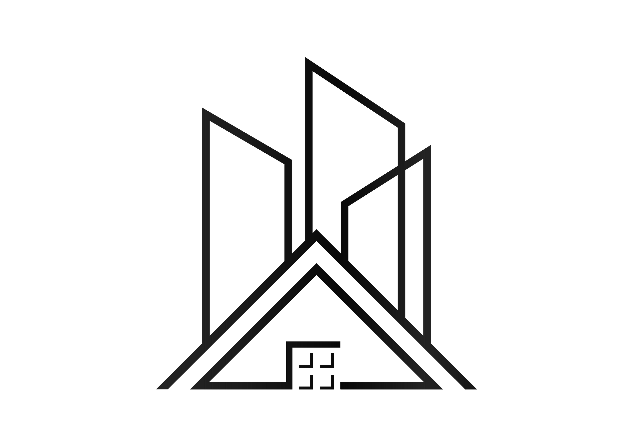 Line drawing of a geometric house with a triangular roof and three rectangular windows.