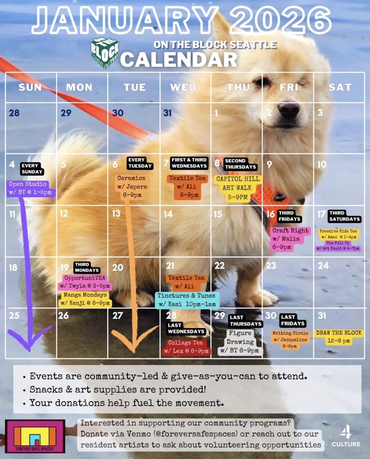 Monthly events calendar for On the Block Seattle and Eleven:Eleven On the Block featuring free drop-in art workshops and community events in Seattle. This BIPOC-led arts schedule focuses on inclusive, accessible programming for local creators.