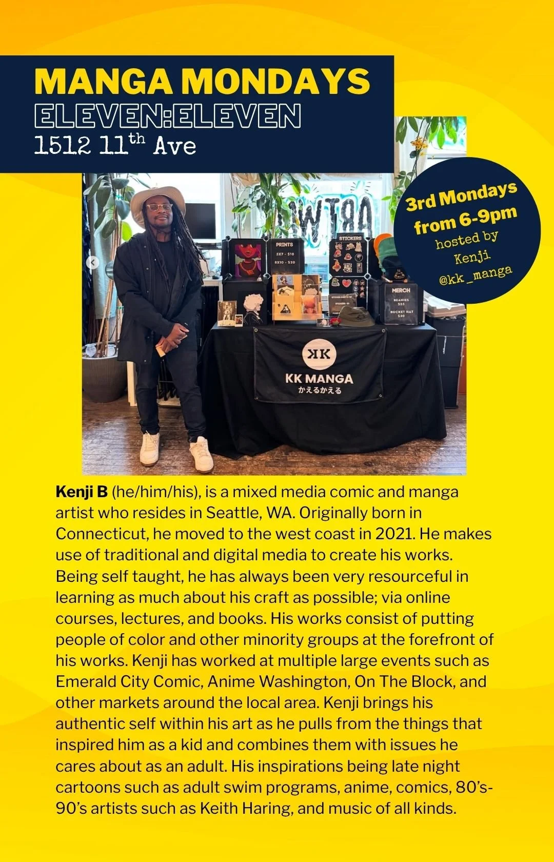 Photo of a Kenji B, a young Black man with long dread locks standing in front of his booth for KK Manga. The text explains his biography. He is the host of Manga Mondays and founder of Draw the Block