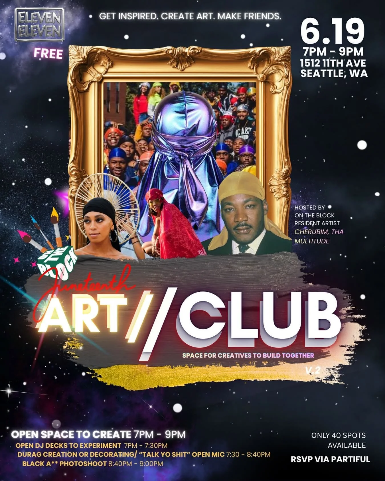 Art//Club poster for free durag making event for 2026 Juneteenth from 7-9pm at Eleven:Eleven Capitol Hill Seattle