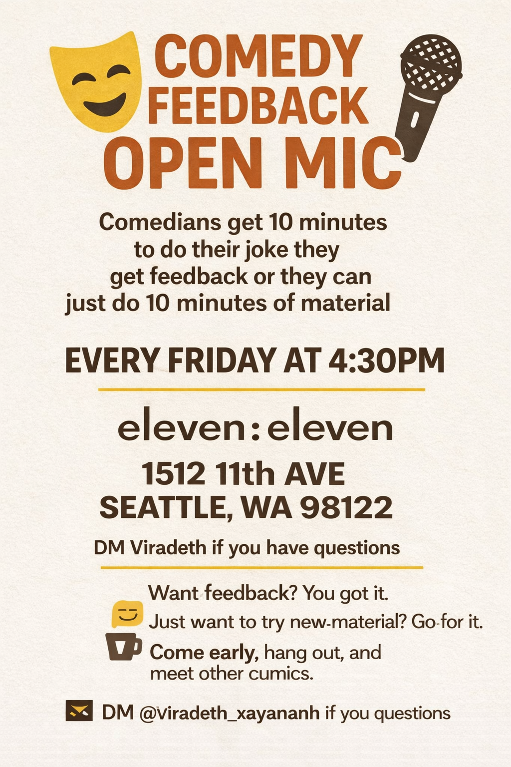 comedy feedback open mic fridays 4-6pm