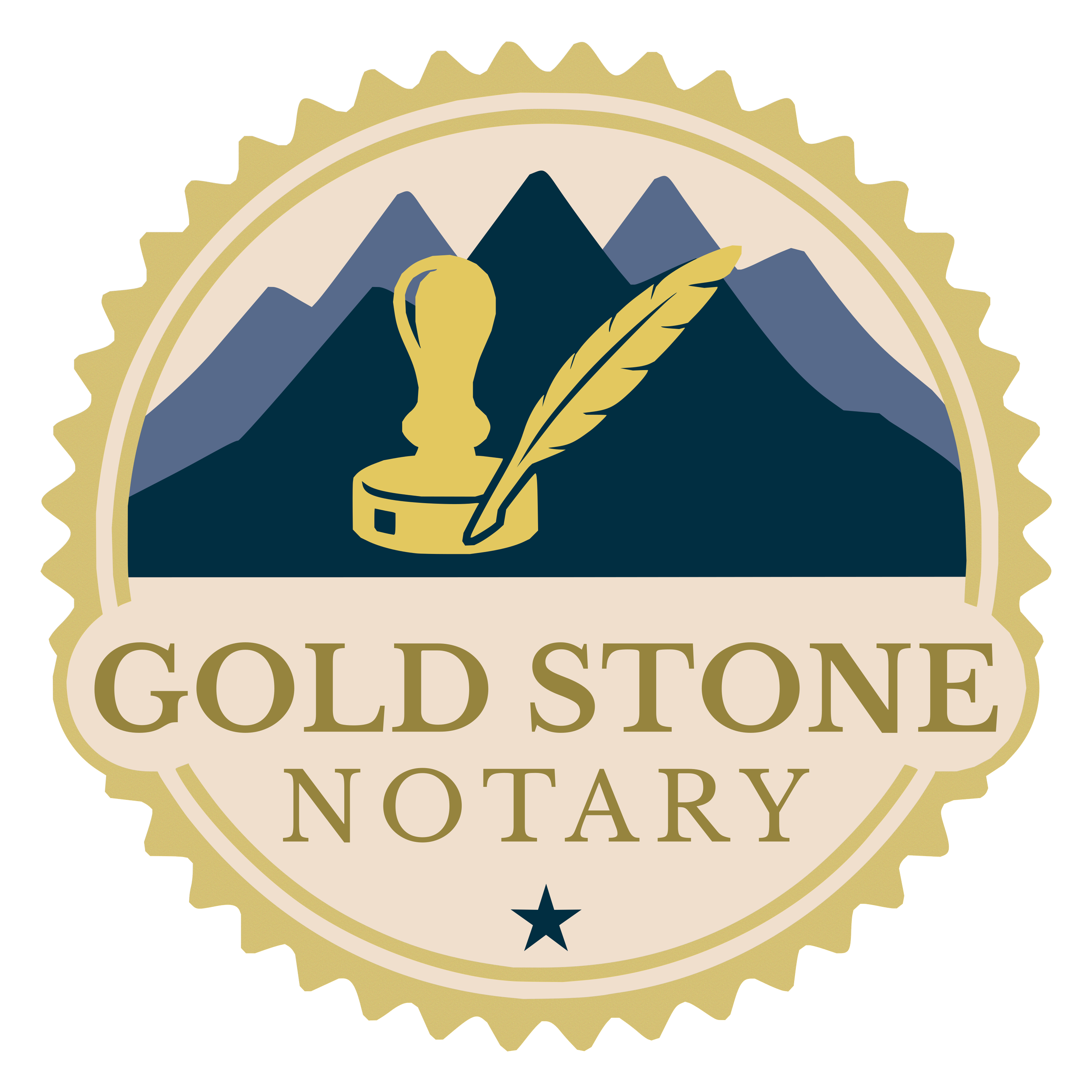 Seal with mountains, a notary stamp, and a quill, with the text 'Gold Stone Notary' beneath.