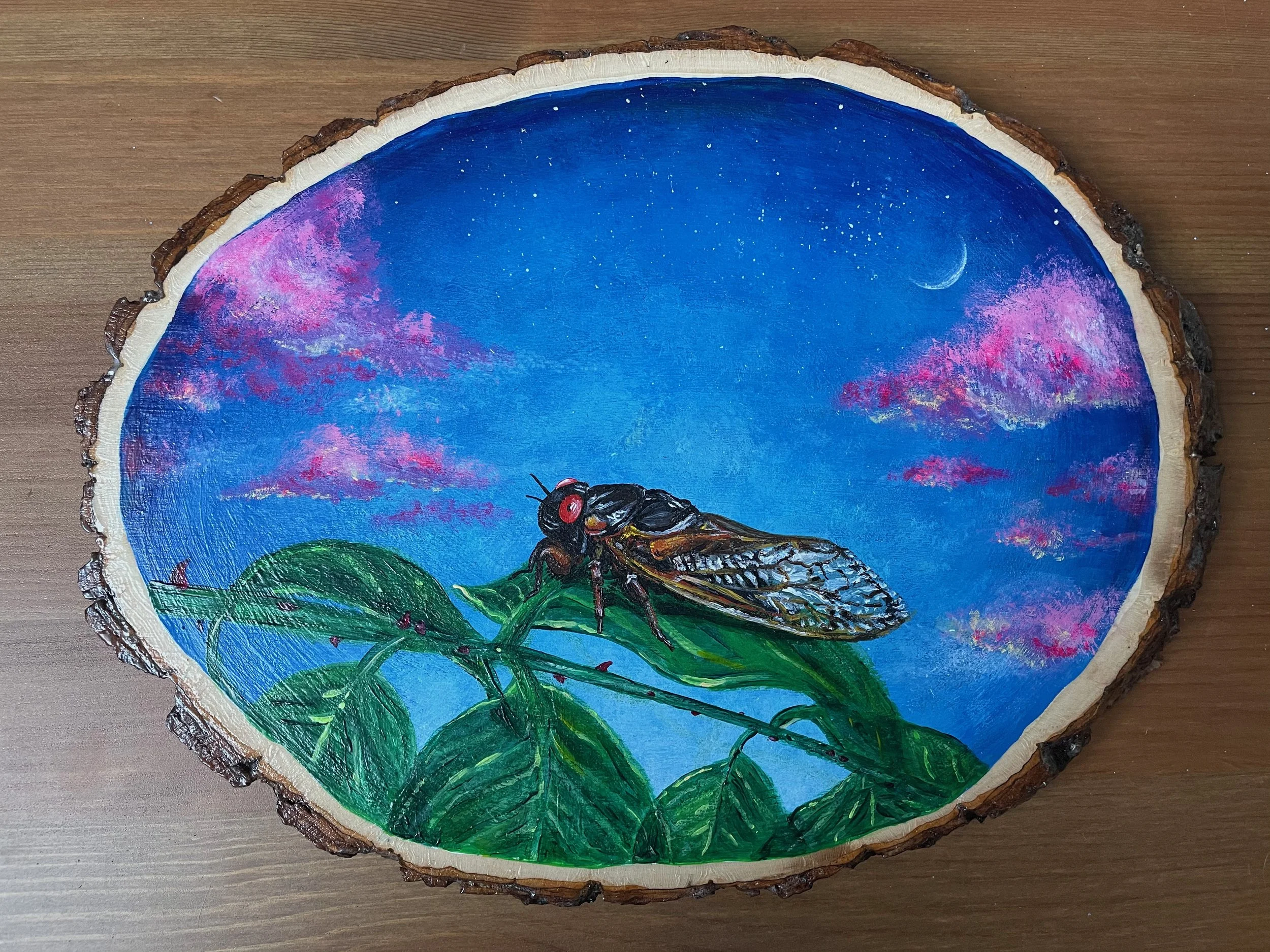 An image of a cicada painted on a large oval wood slice depicting green leaves and fresh wings set against a background of twilight sky, pink clouds, a faint crescent moon, and emerging stars.