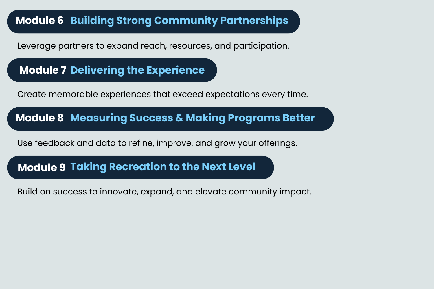 Course module breakdown graphic for Recreation Programs That Sell Themselves: Building Demand