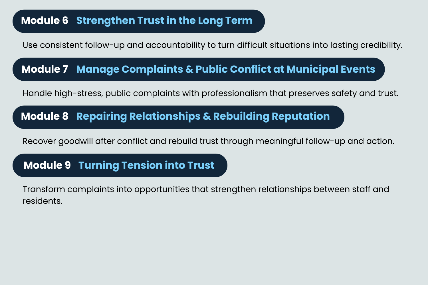 Module overview graphic for Mastering Municipal Complaints course