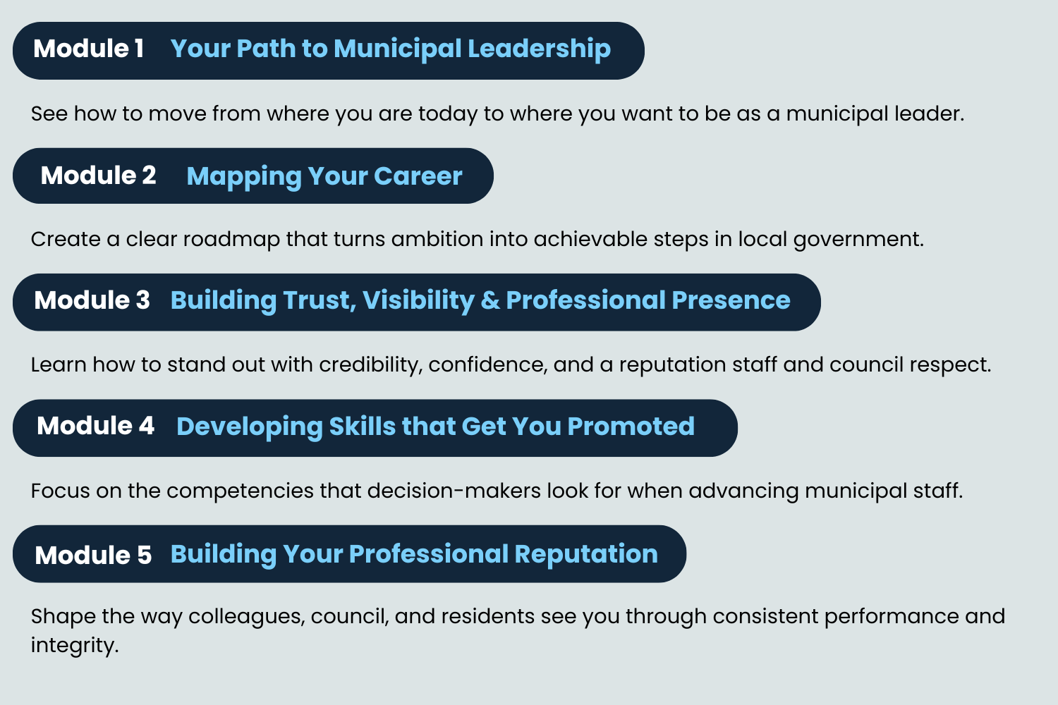 course breakdown graphic for Climbing the Ranks: Your Path to Municipal Leadership course