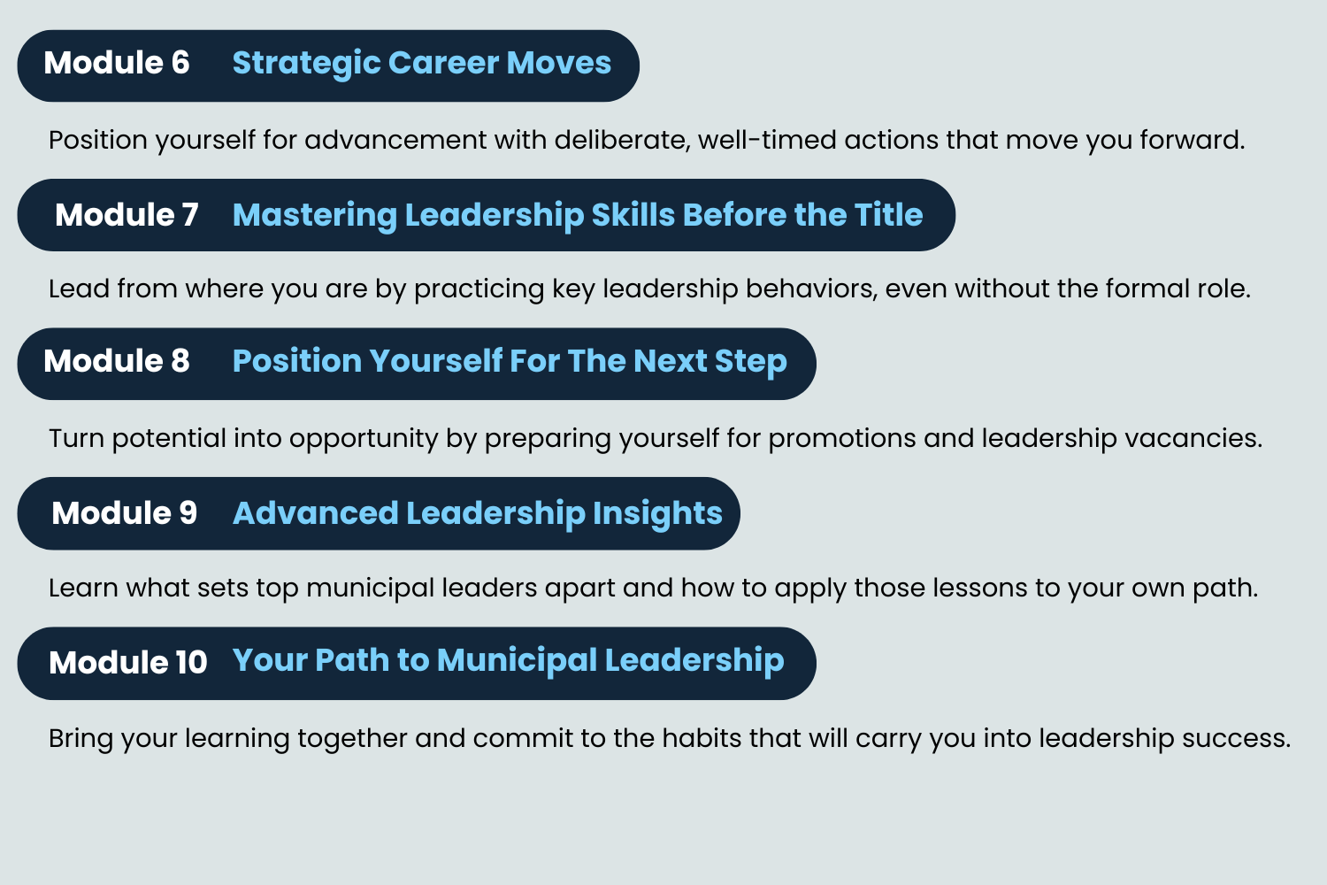 course breakdown graphic for Climbing the Ranks: Your Path to Municipal Leadership cours