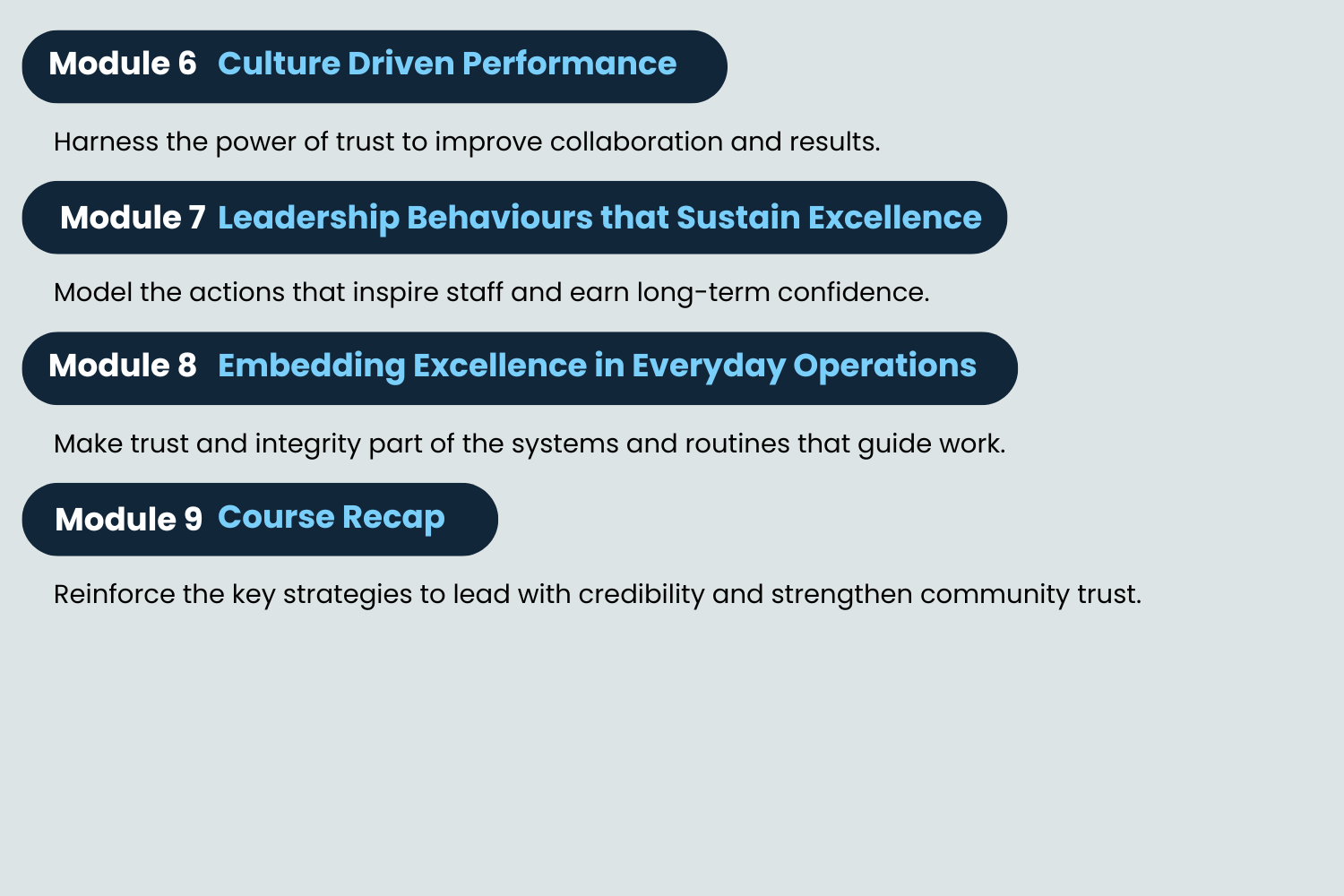 Course module breakdown graphic for The Trust Factor: Elevating Municipal Teams and Communities