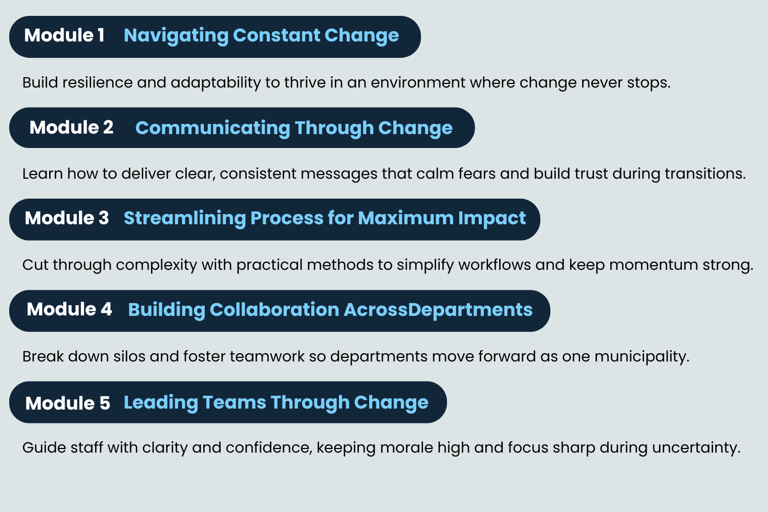 Course module breakdown graphic for Navigating Change in Municipal Government