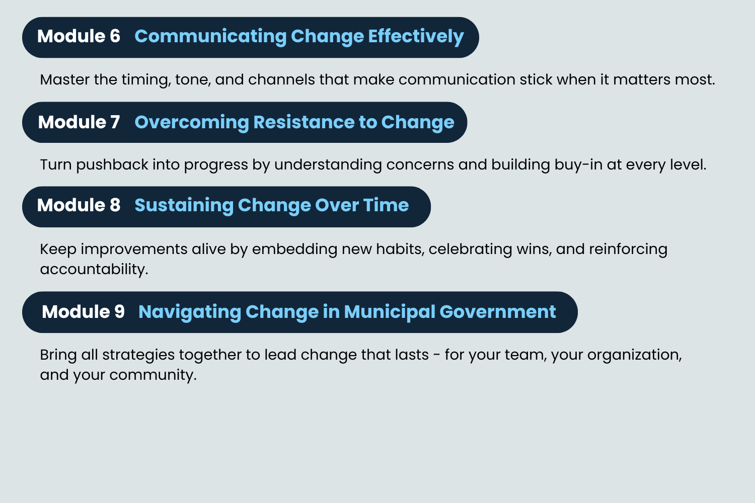 Course module breakdown graphic for  Navigating Change in Municipal Government