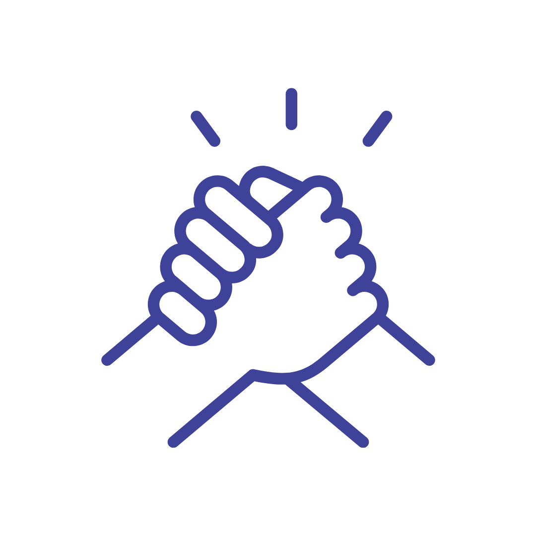 Line drawing of two hands fist bumping, with small lines indicating impact or emphasis.