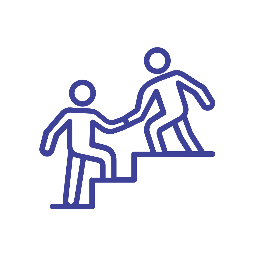 Line drawing of two people helping each other climb stairs, with one person assisting the other.