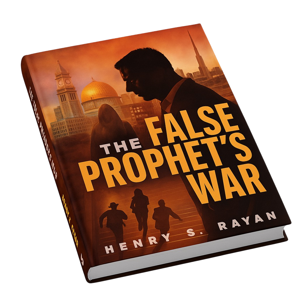 A book titled 'The False Prophet's War' by Henry S. Rayan features a silhouette of a man in a suit, with a city skyline including a clock tower and the Empire State Building in the background. There are three children running down steps at the bottom.