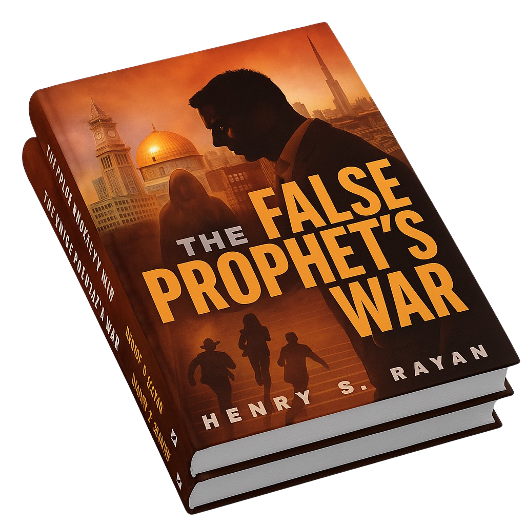 Cover of the book titled 'The False Prophet's War' by Henry S. Rayan, showing a silhouette of a man looking down, city skyline with a dome and skyscrapers in the background, and three people running in the foreground.