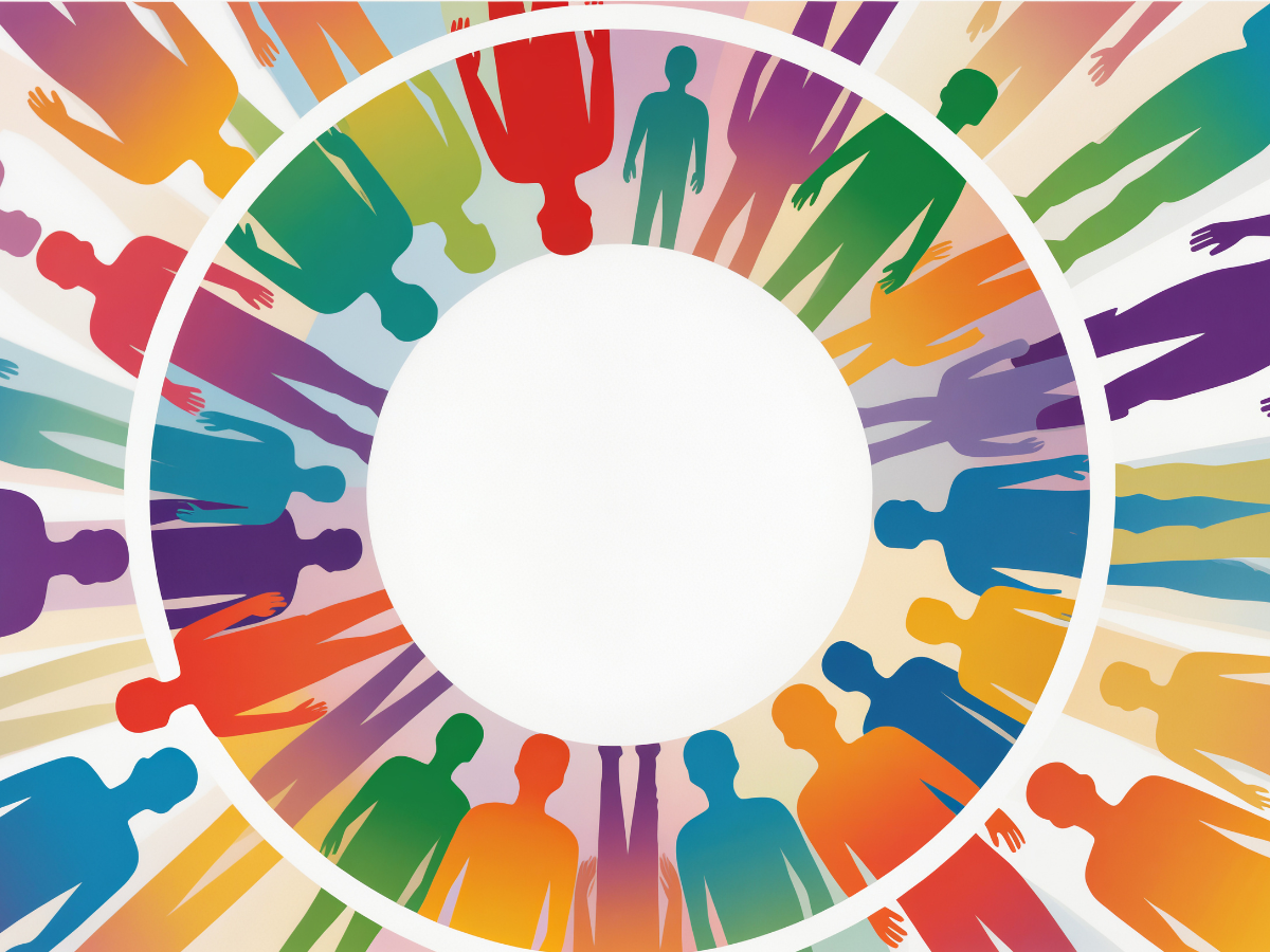 Colorful illustration of diverse human silhouettes arranged in concentric circles around a central white space.