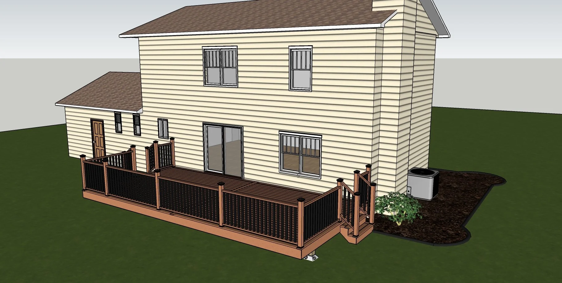Two story house, with attached garage, and large deck off the back of the house. Vinyl deck with plenty of space for grilling, and hanging out. 3D modeling with some landscaping.