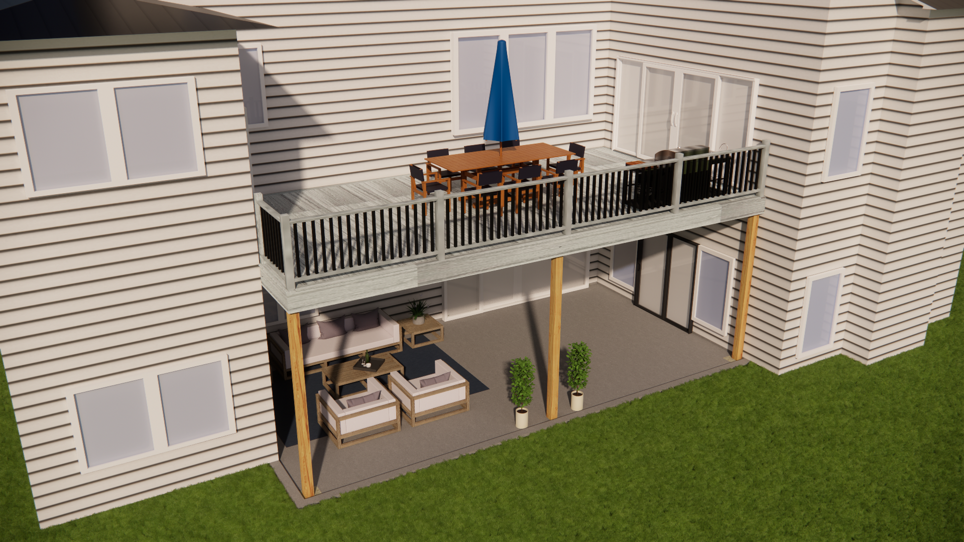 Premium model brought to life with possible furniture options. Beautiful finished patio space under deck, with dining and grilling space on top.