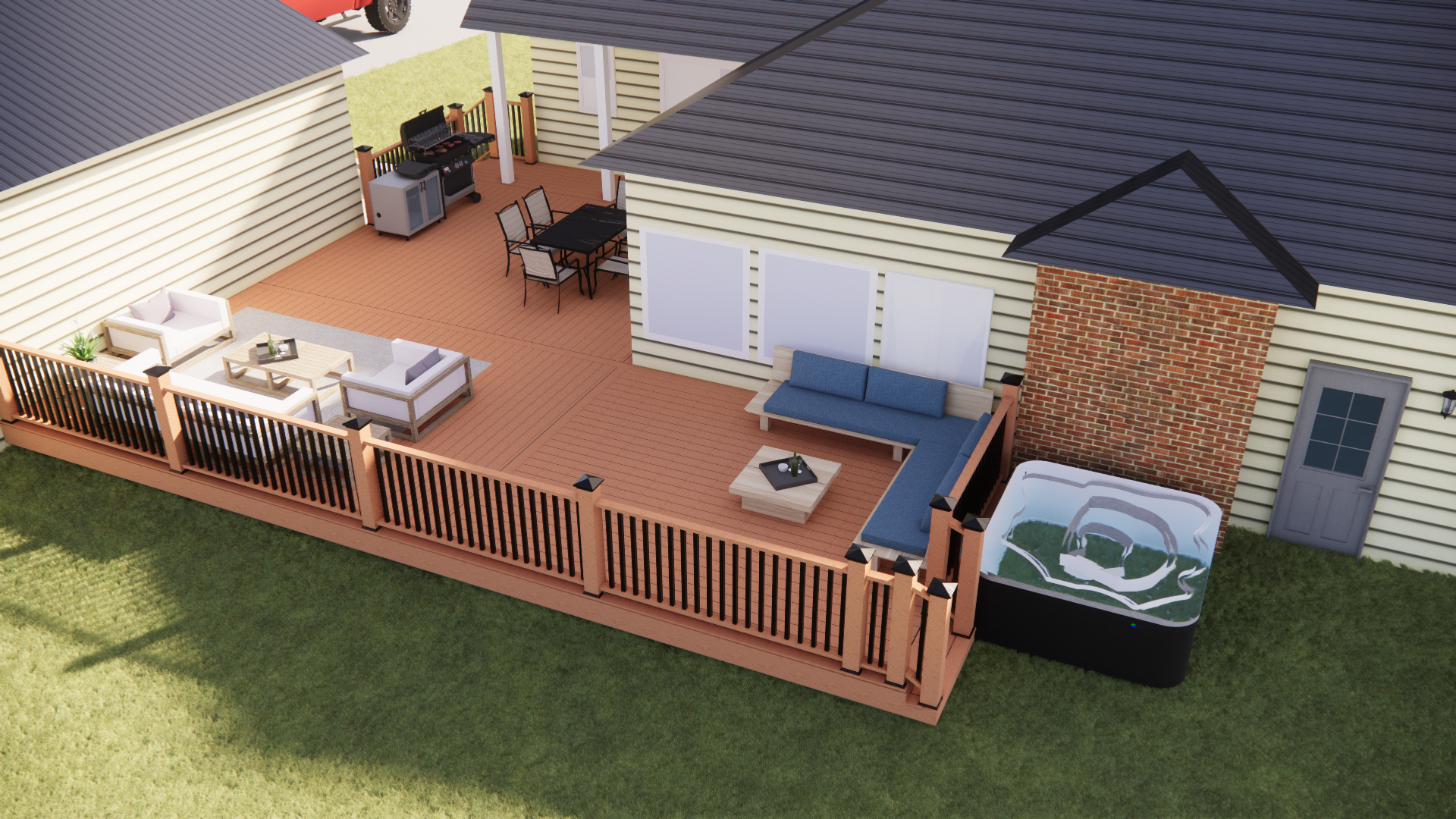 Wrap around deck with furniture requested by homeowner, low to ground, but plenty of entertaining space. 