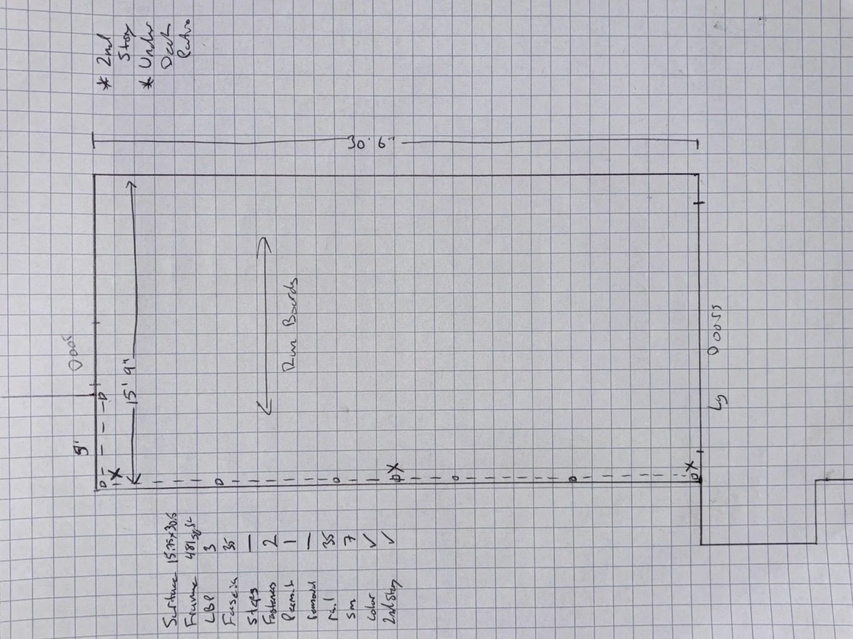 Drawing of deck, on graph paper to begin the process. Includes info like square footage, load bearing posts, fascia or skirting, number of steps, permitting, removal, railing, and anything else necessary for the construction of the project.
