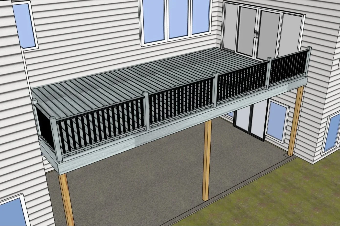 Premium rendering of the proposed project. Includes the layout from basic model, but shows color scheme closely resembling actual colors decided on. Also shows siding, roofing, grass, and more.