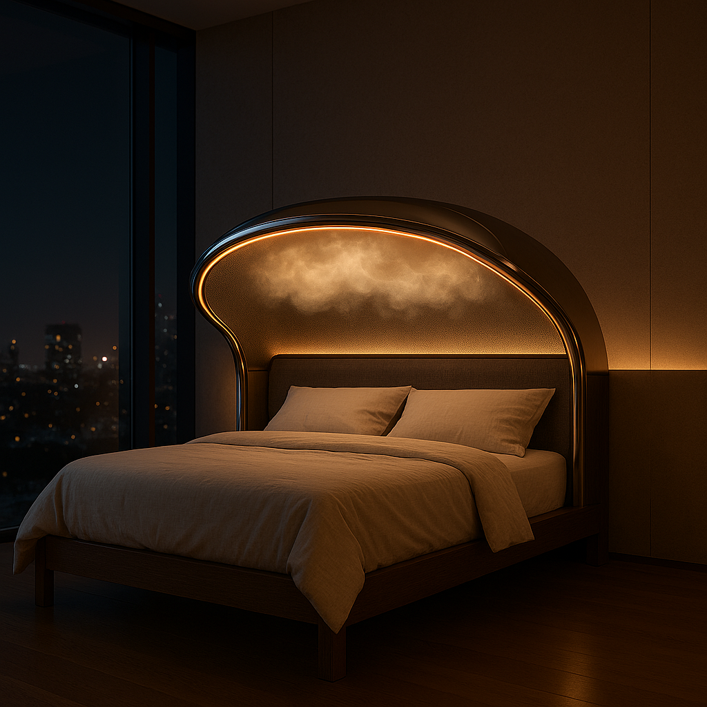 Modern bedroom with illuminated curved headboard, two pillows, beige bedding, and a large window showing a cityscape at night.
