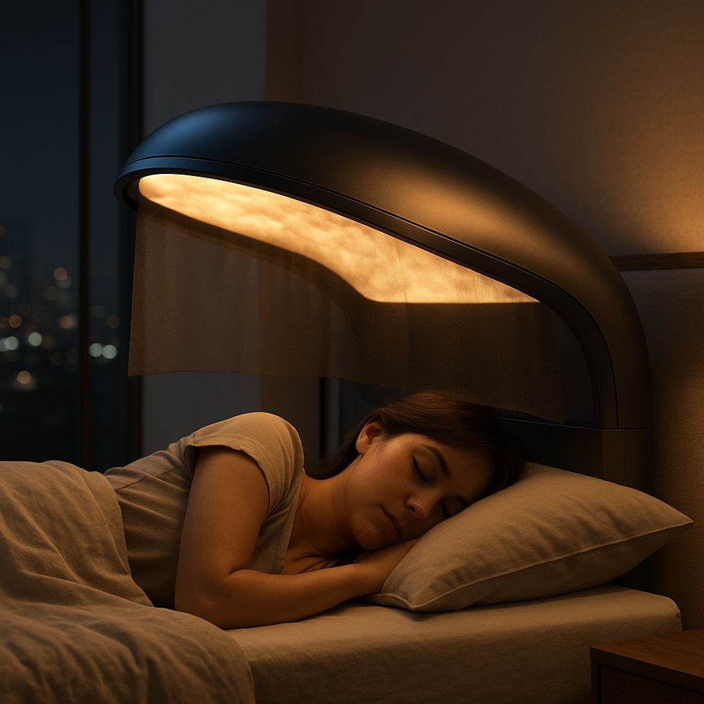 A woman sleeping peacefully in her bed under a warm, illuminated sleep mask.
