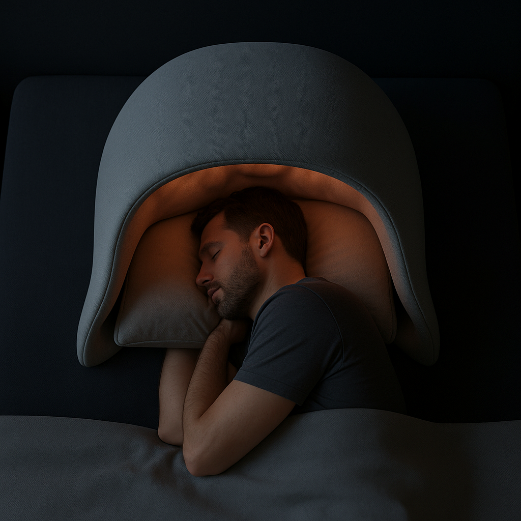 A man sleeping on his side with a pillow on a bed. His head is under a large, curved, ergonomic sleep device.