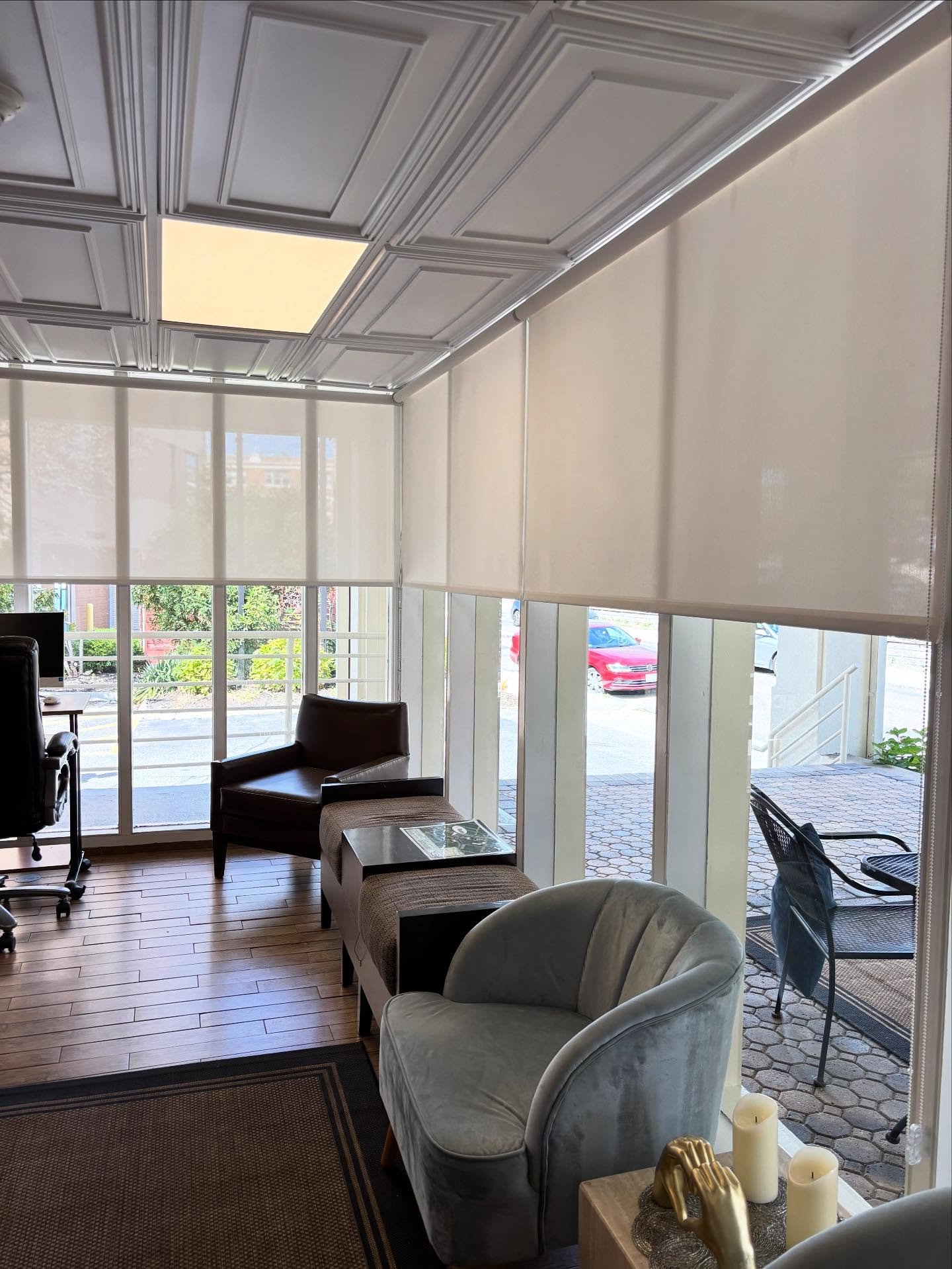 Hotel lobby shade makeover using solar shades for that clean and modern look #shades #design #boston