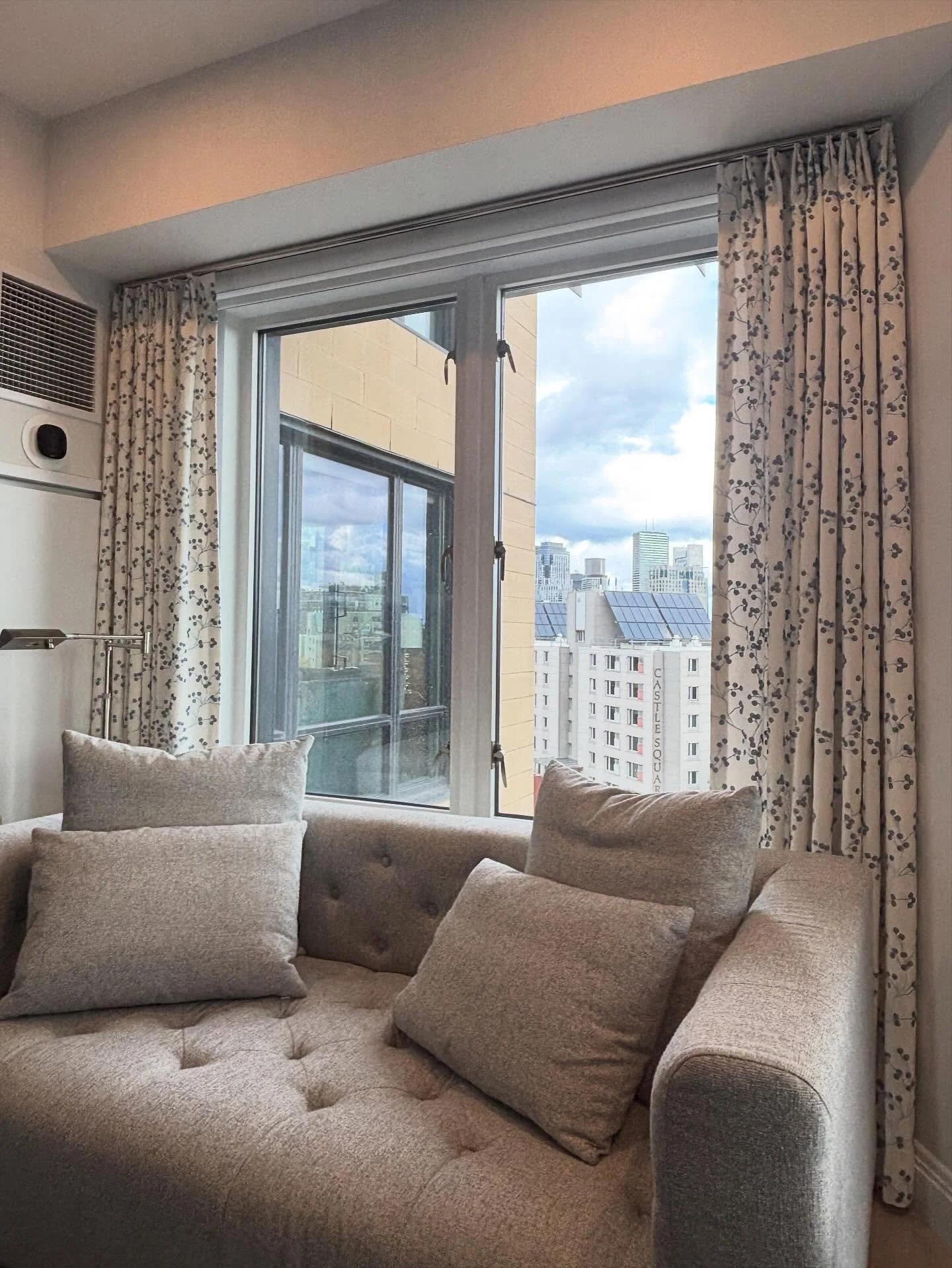 Custom cozy side panels that frame the Boston skyline #drapes #design #shades #boston