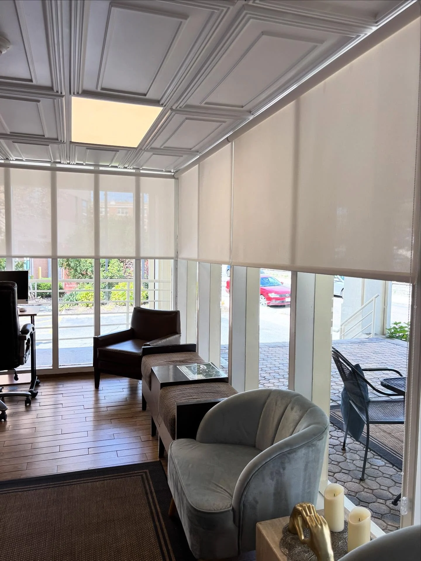 Hotel lobby shade makeover using solar shades for that clean and modern look #shades #design #boston