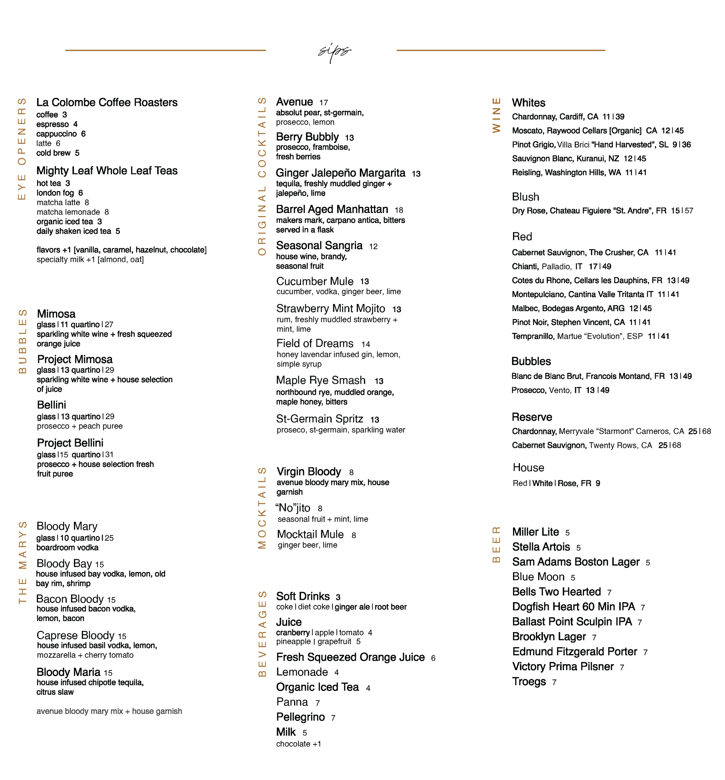 A coffee menu featuring sections for eye-openers, bubbly drinks, mocktails, beverages, original cocktails, and beer, listing various drinks and their ingredients and prices.