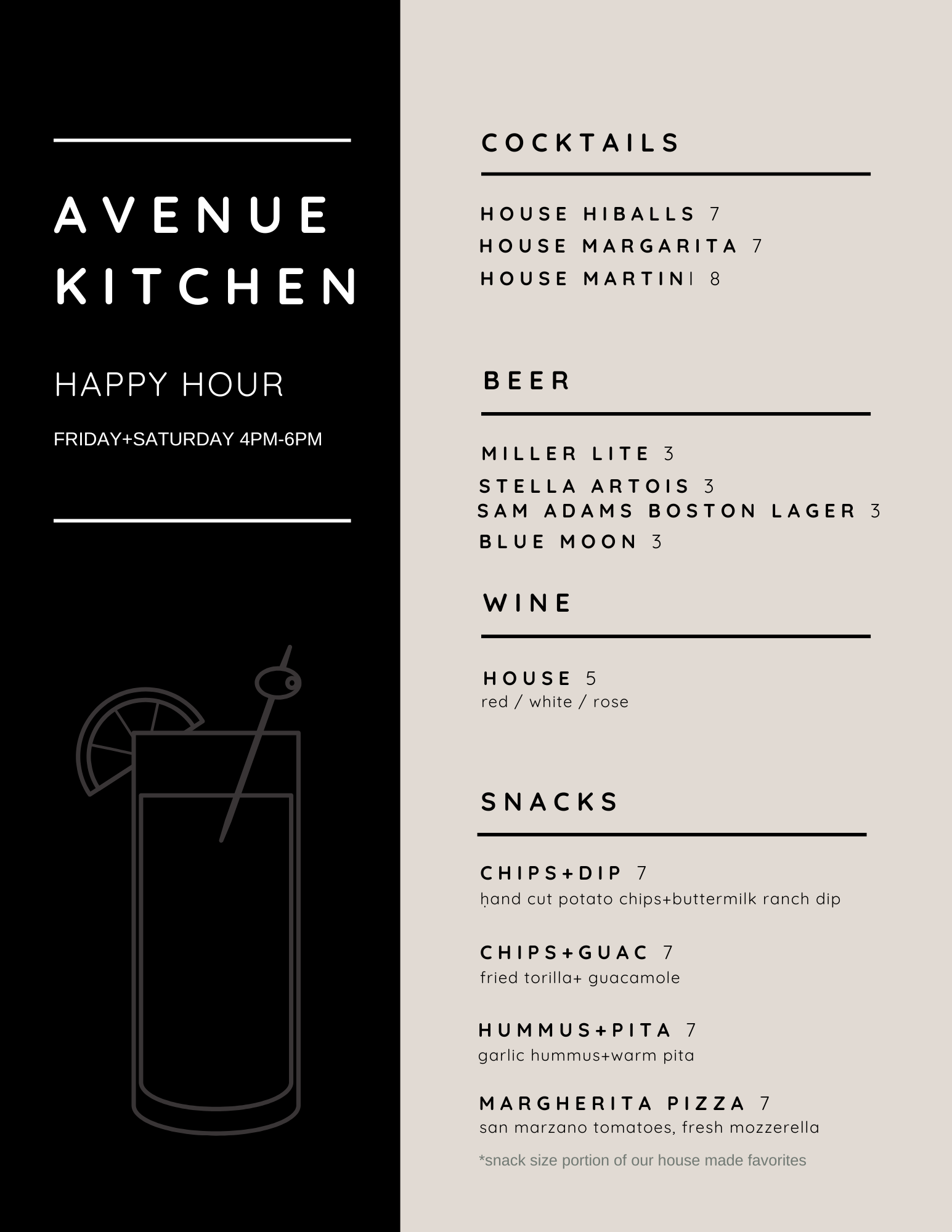 Menu for Avenue Kitchen featuring cocktails, beer, wine, and snacks, with a graphic of a drink with a straw and lemon wedge.